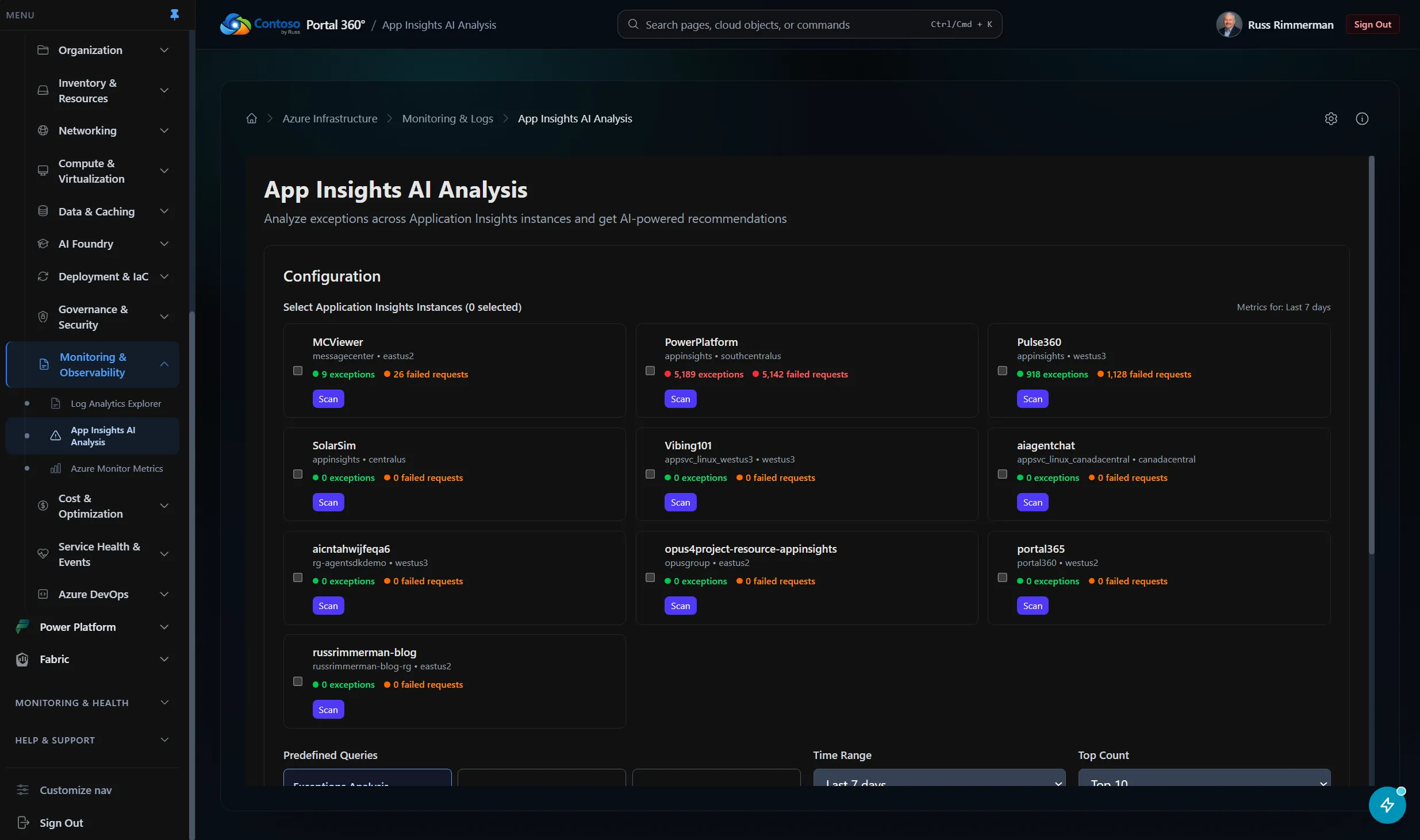 Portal 360 App Insights AI analysis page with the left navigation rail expanded into Azure infrastructure categories and a Ctrl/Cmd+K search bar across the top