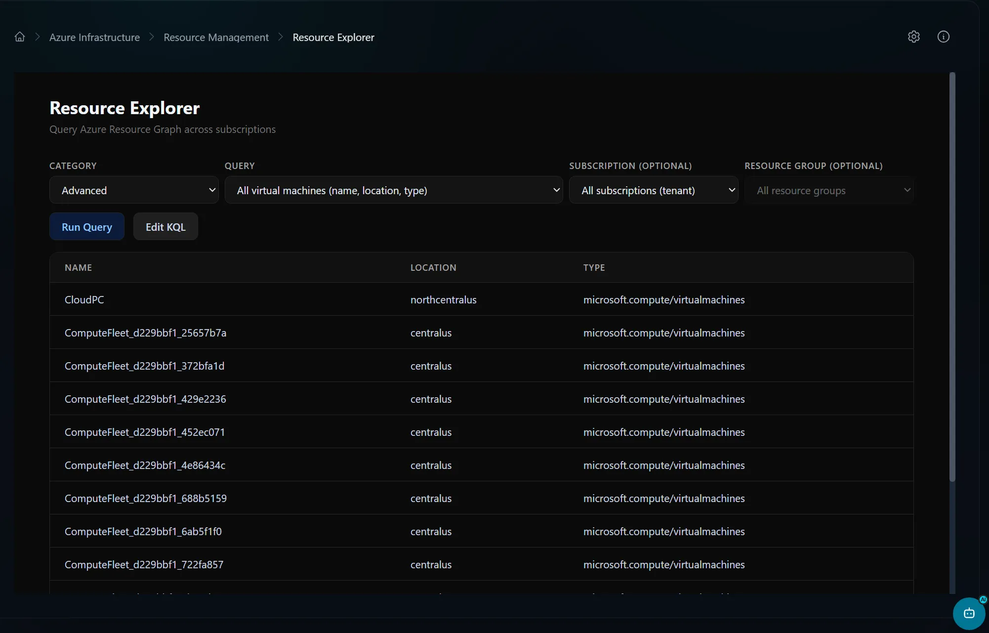 Portal 360° Azure Resource Graph query interface showing tenant-wide resource inventory across subscriptions