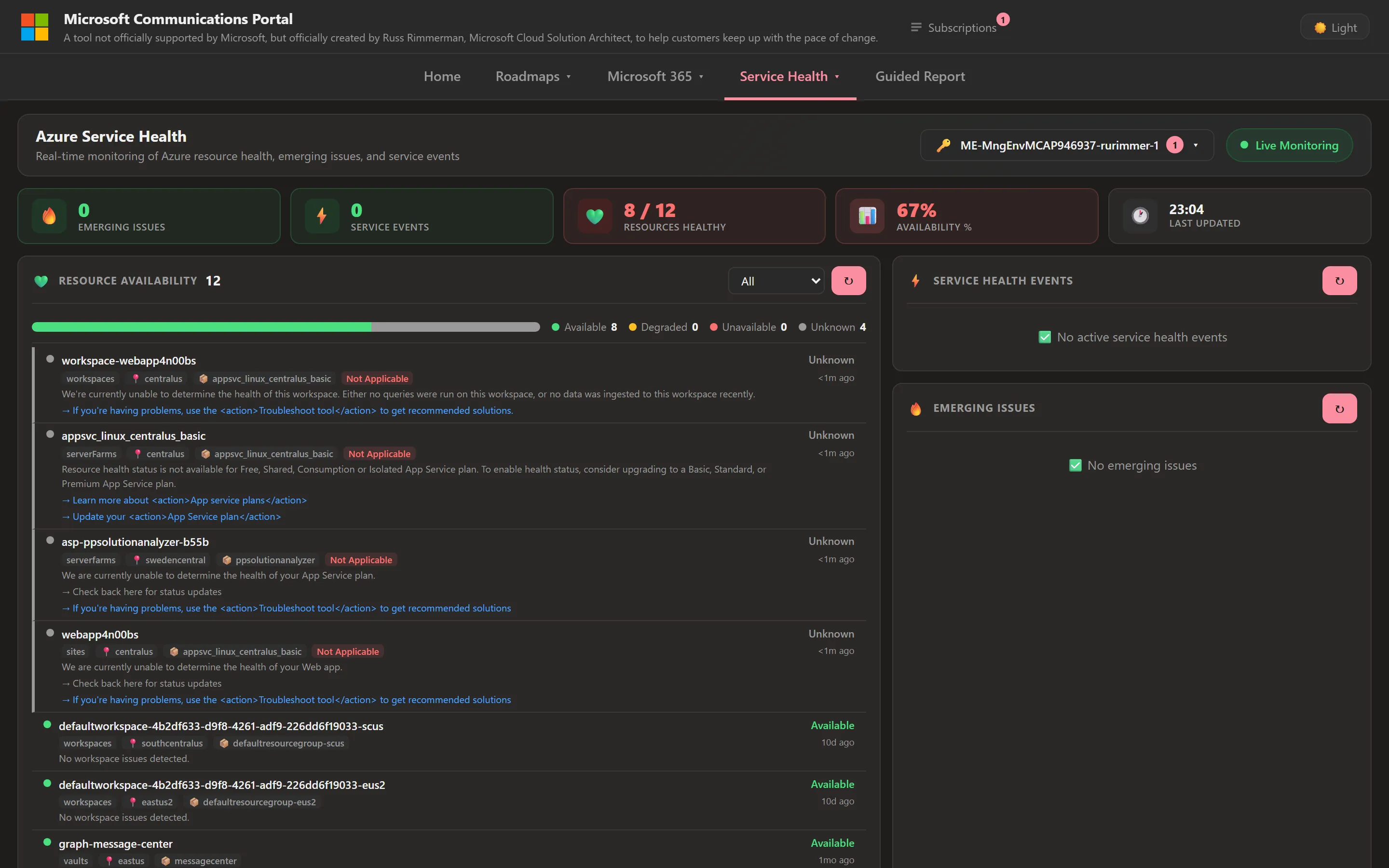 Azure Service Health page in dark mode with tiles for emerging issues, service events, resources healthy, and availability percentage, plus a per-resource availability list and a live service health events panel