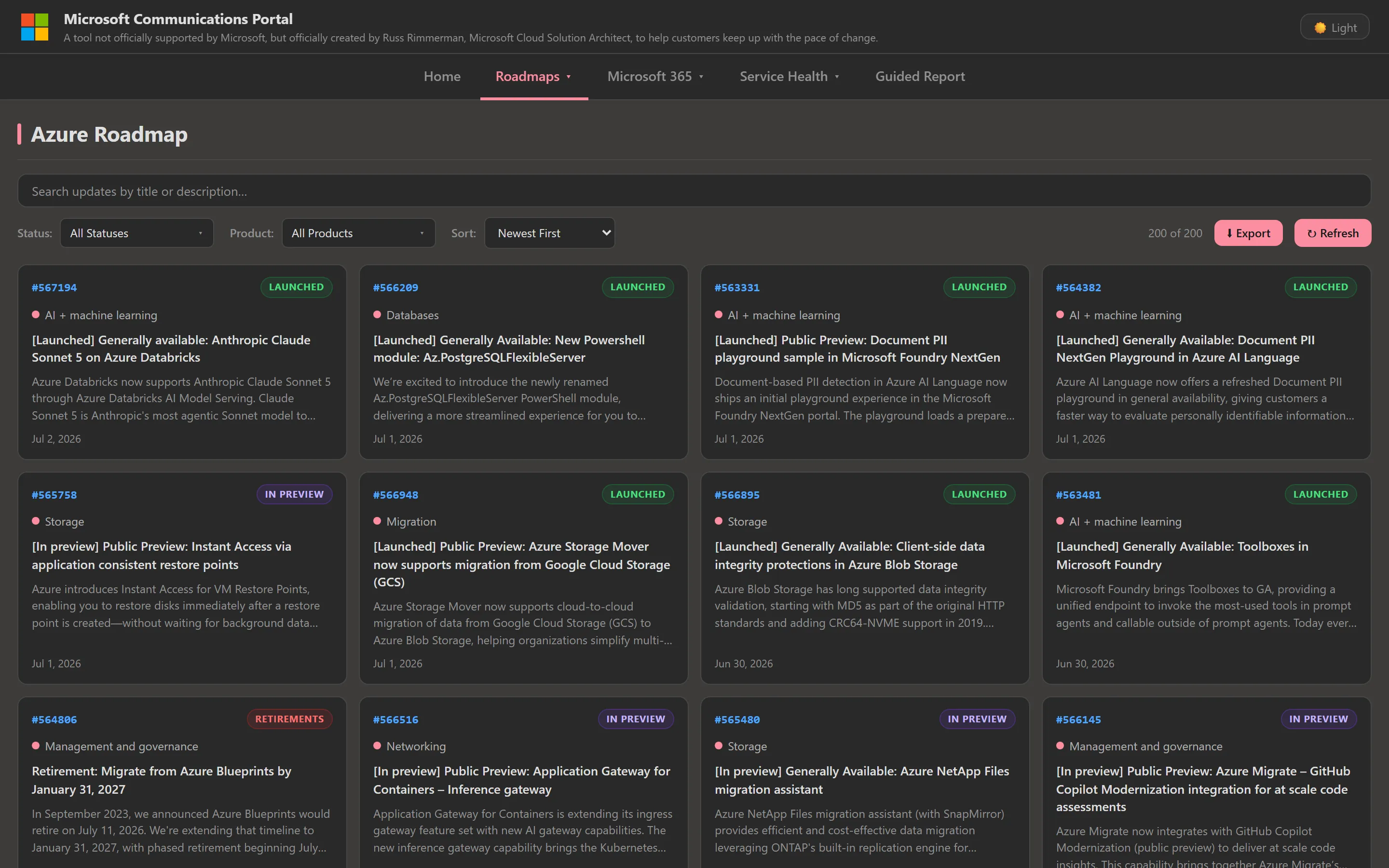 Azure Updates page in dark mode showing announcement cards tagged Launched, In Preview, and Retirements across AI + machine learning, Databases, Storage, and Networking categories