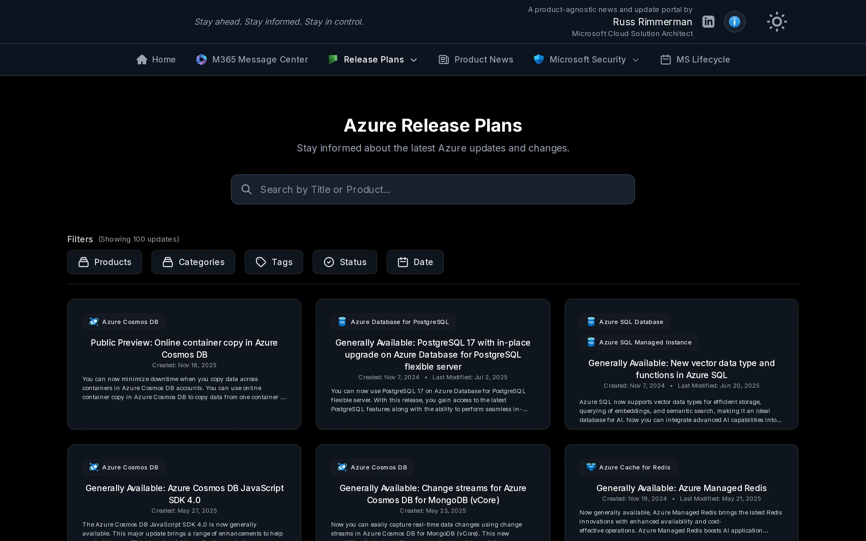 Pulse 360 Azure Release Plans list showing update cards with product, title, created date, last-modified date, and description