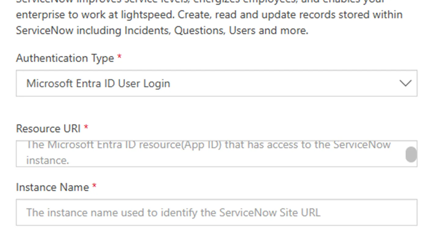 Copilot Studio ServiceNow connection dialog with Authentication Type set to Microsoft Entra ID User Login and Resource URI and Instance Name fields