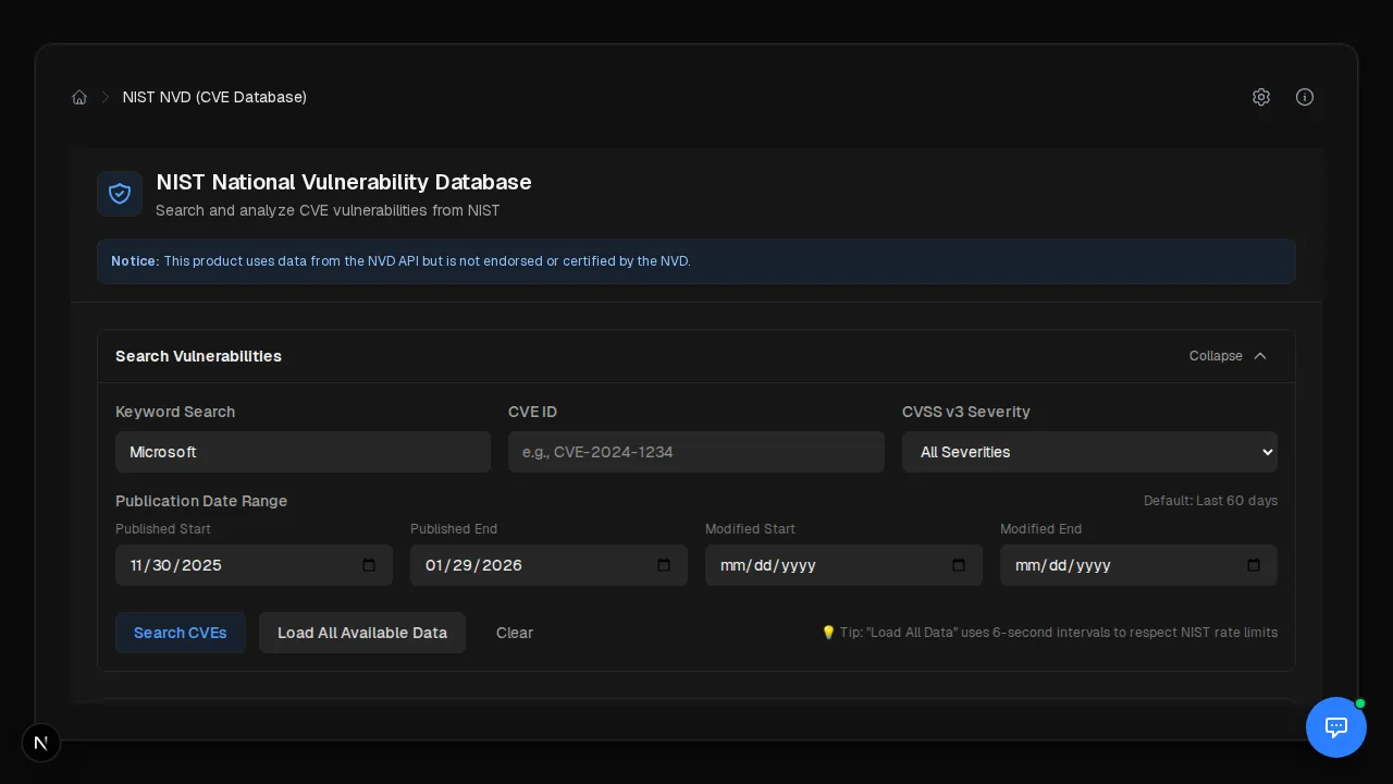 Portal 360 NIST NVD vulnerability search with keyword, CVE ID, CVSS severity, and date-range filters