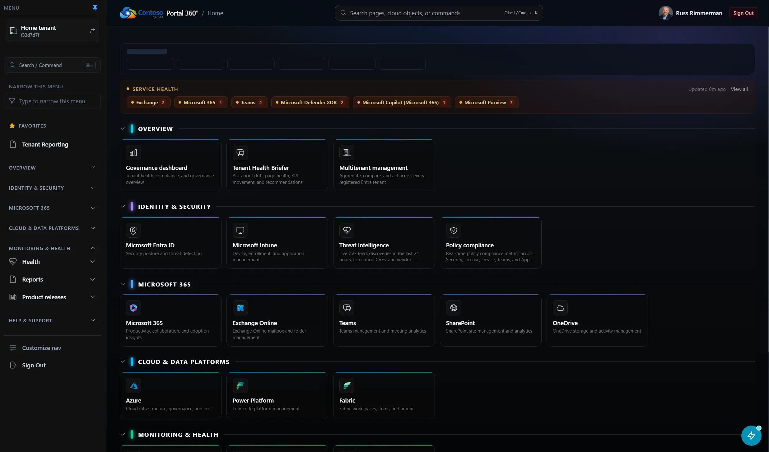 Portal 360° home dashboard showing a service health strip and grouped tiles for overview, identity and security, Microsoft 365, cloud and data platforms, and monitoring