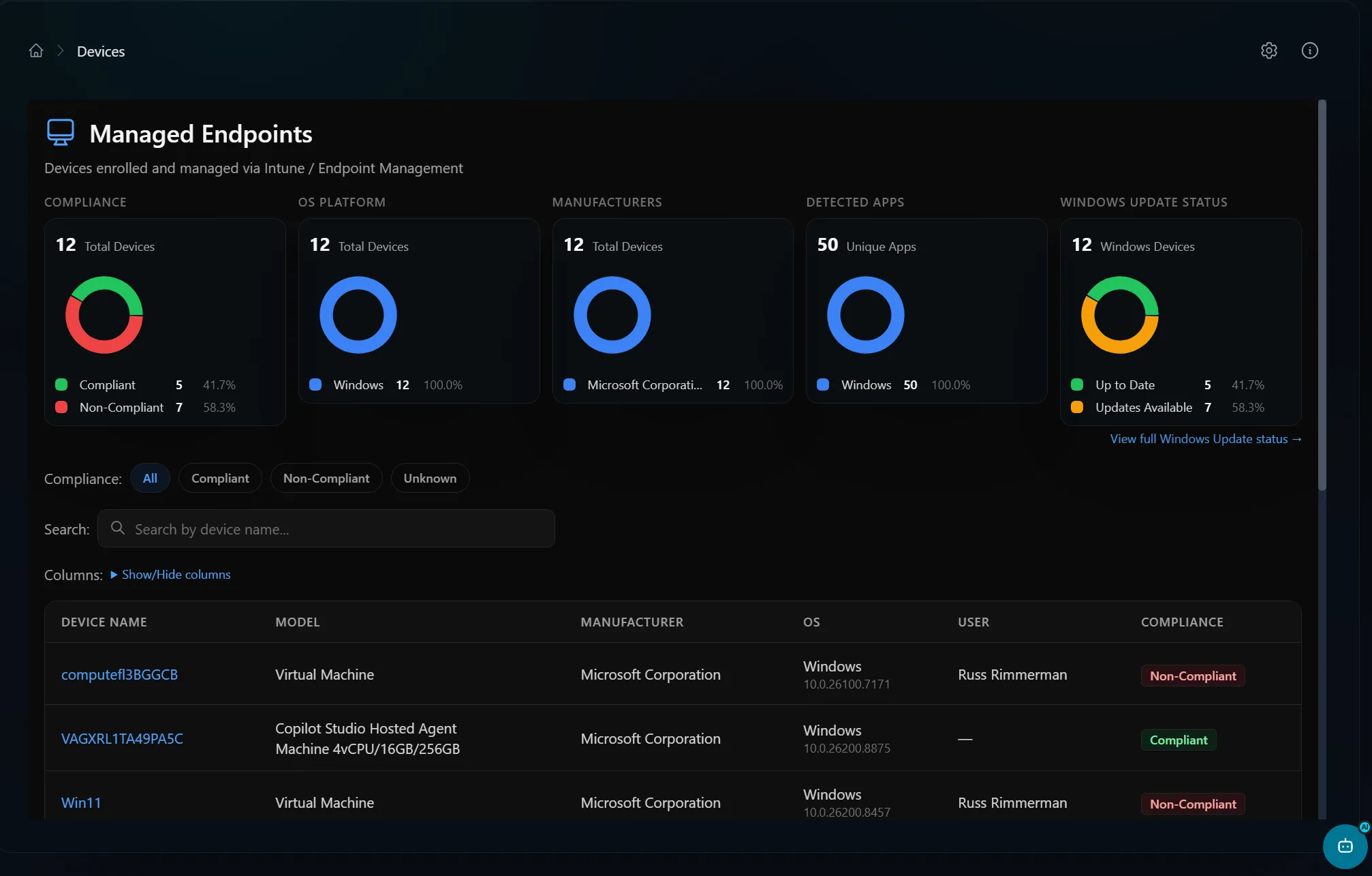 Portal 360° Intune managed devices inventory listing enrolled devices with OS, ownership, and compliance status