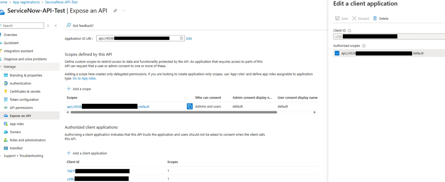 Entra ID Expose an API blade with the ServiceNow connector app c26b24aa added as an authorized client application against the user_impersonation scope