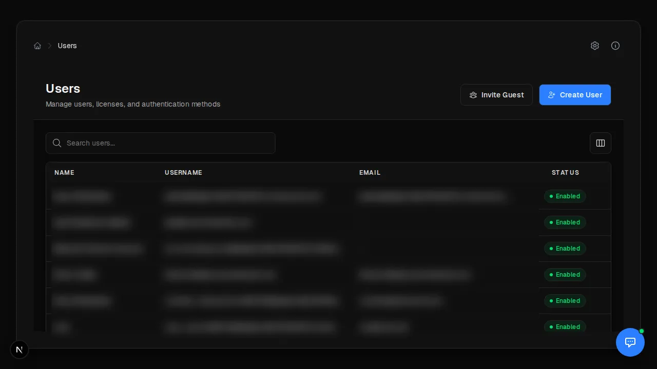 Portal 360° tenant-wide user list with search, status badges, and quick actions to create users and invite guests