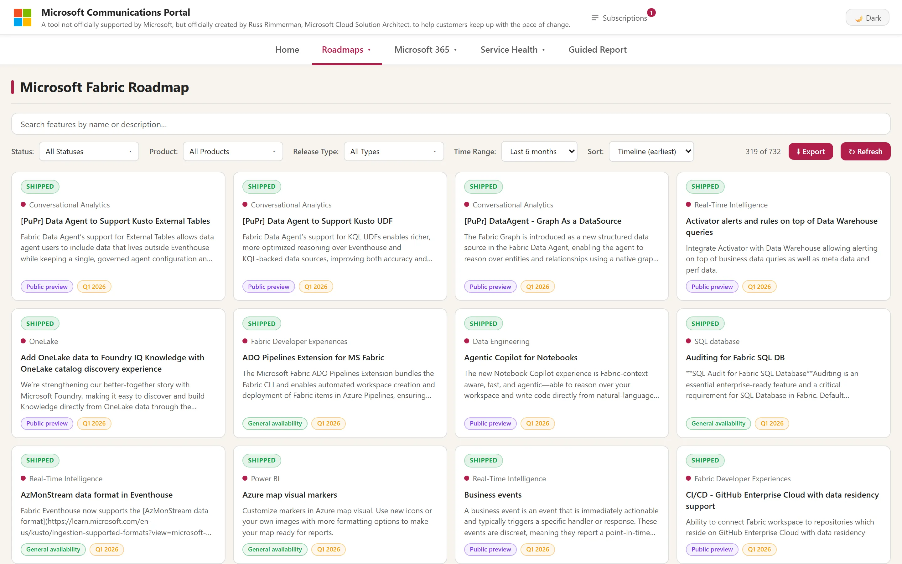 Microsoft Fabric Roadmap page showing Shipped feature cards across Conversational Analytics, OneLake, Data Engineering, and SQL database areas with Public preview and General availability tags