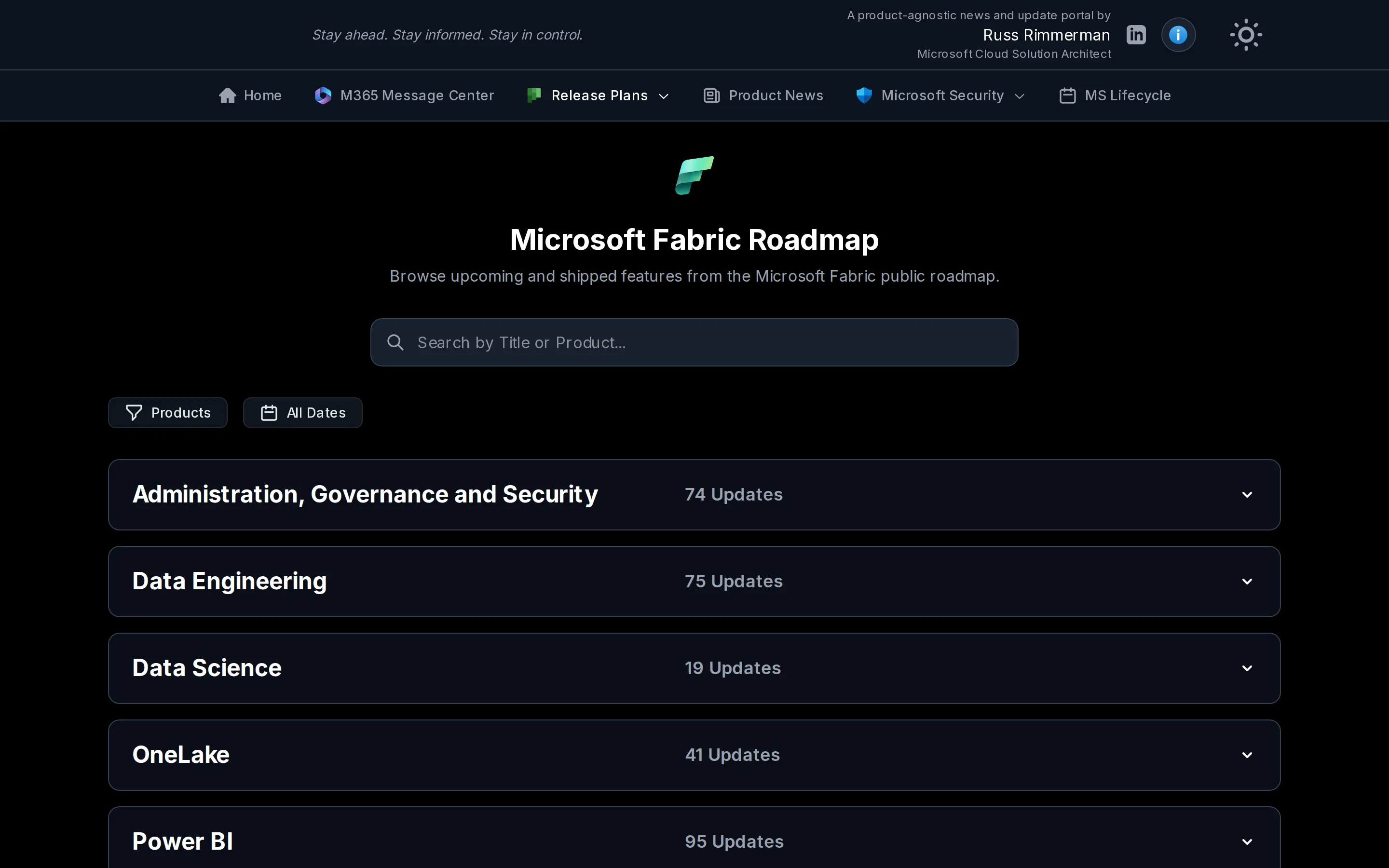 Pulse 360 Microsoft Fabric Roadmap grouped by area with collapsible sections and per-group update counts