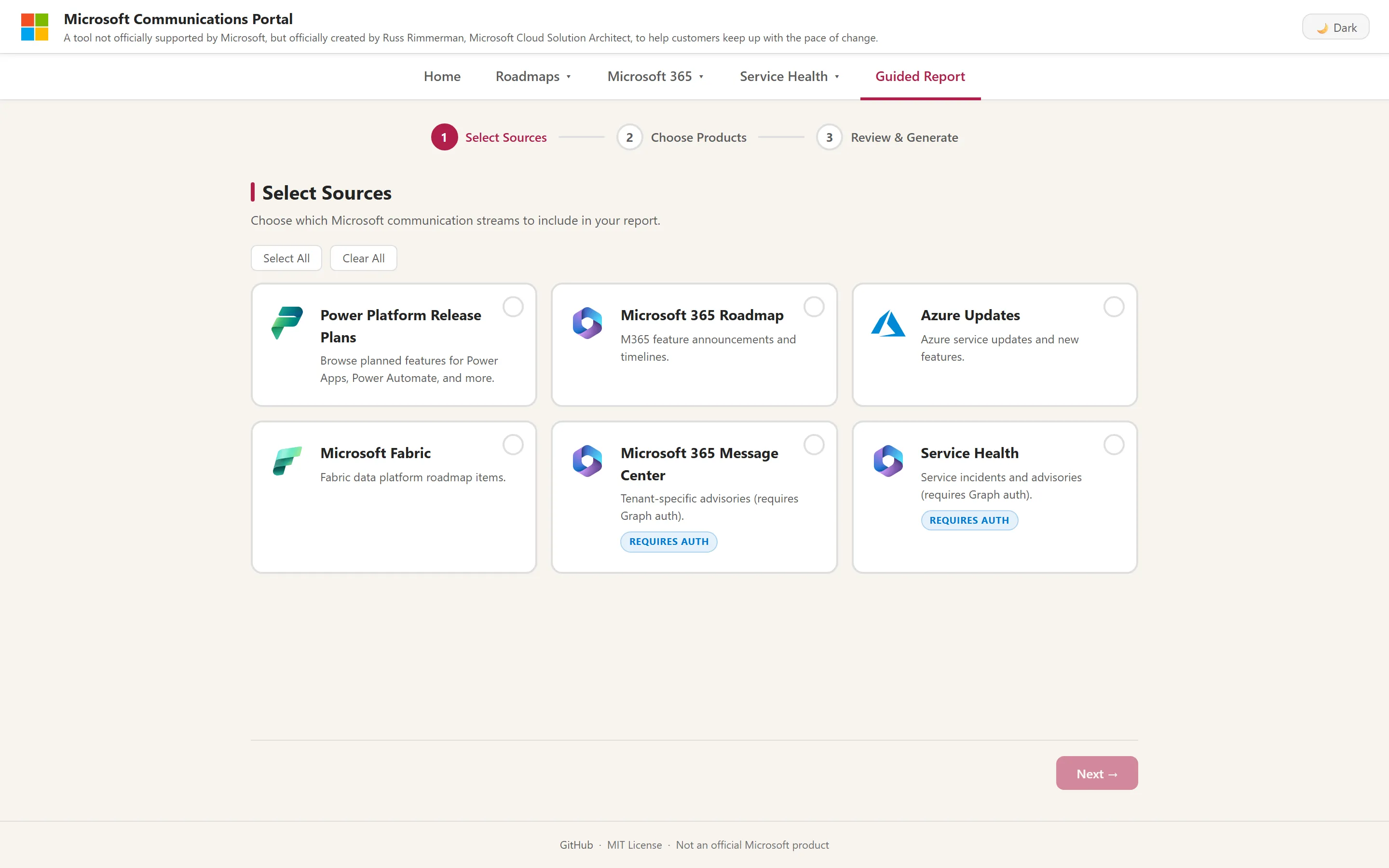 Guided Report builder selecting sources for a Microsoft updates report