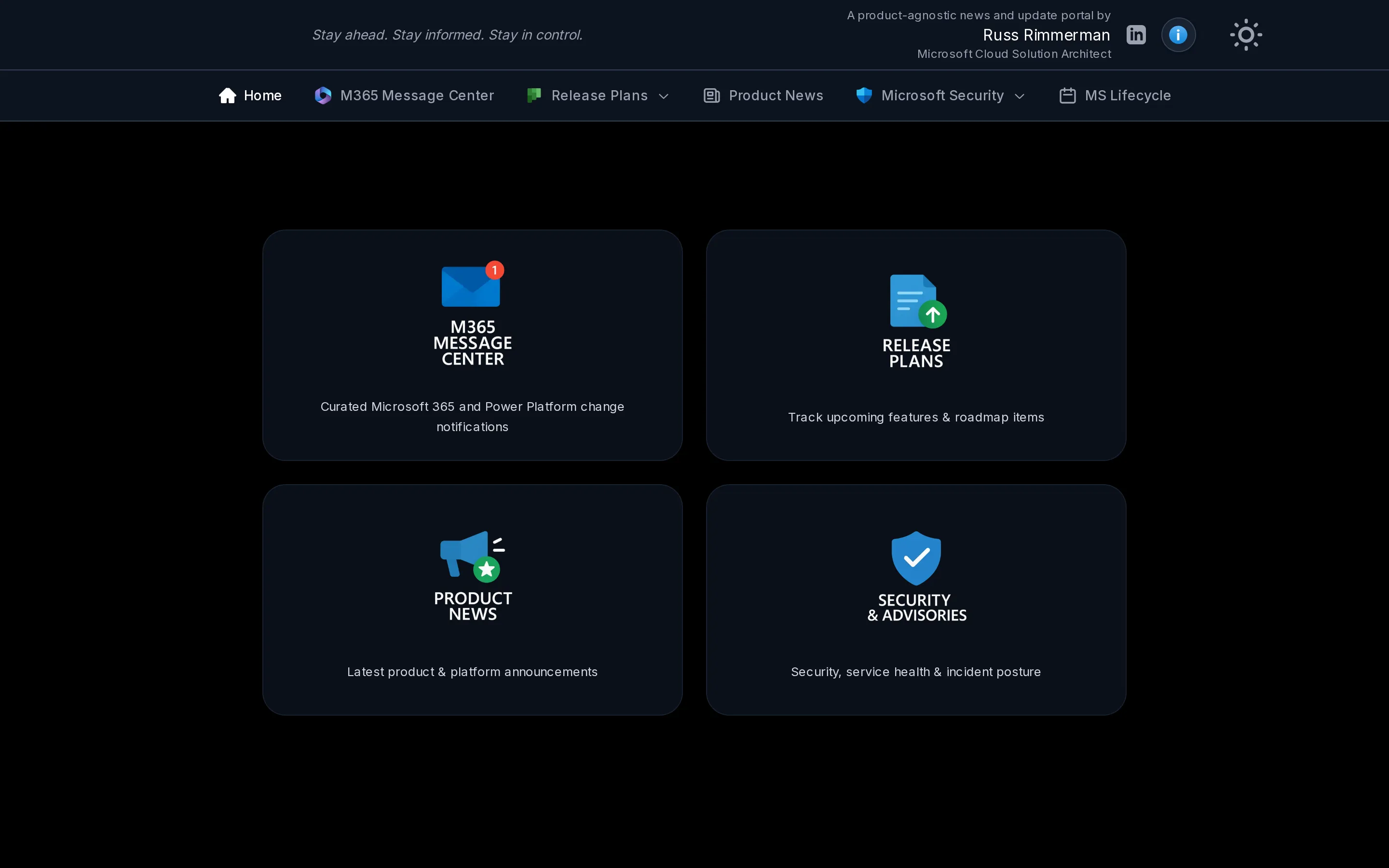 Pulse 360° landing dashboard with tiles for M365 Message Center, Release Plans, Product News, and Security & Advisories
