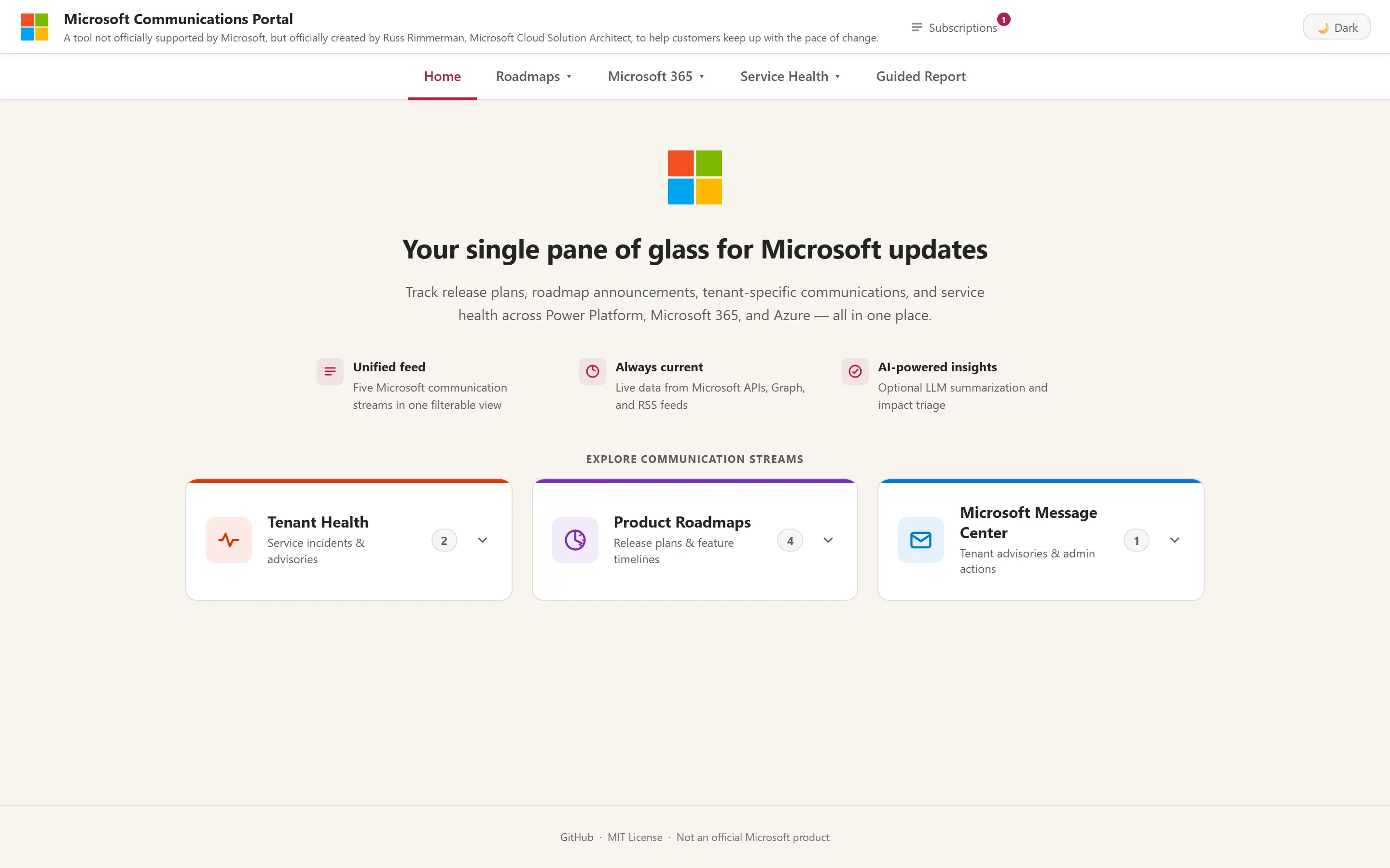Microsoft Communications Portal home dashboard with a single-pane-of-glass headline and cards for Tenant Health, Product Roadmaps, and Microsoft Message Center