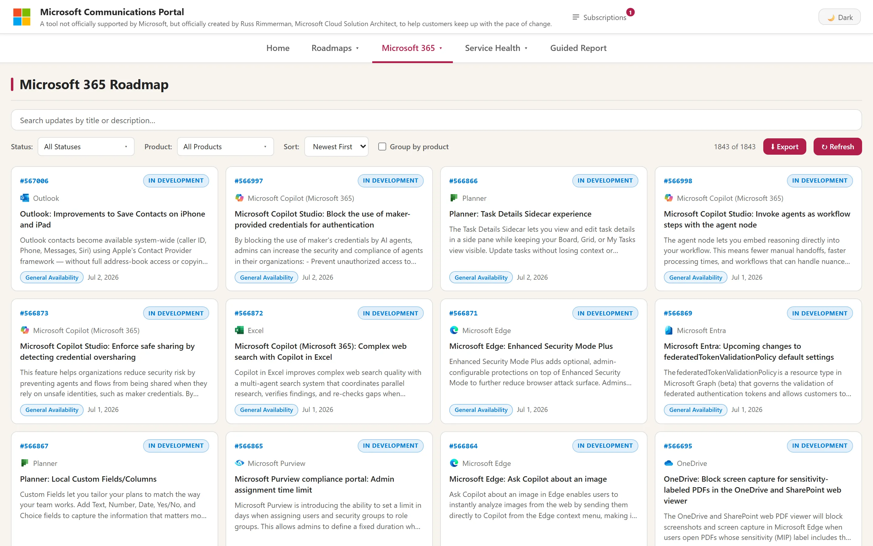 Microsoft 365 Roadmap page listing 1843 feature cards with In Development status, General Availability tags, product icons, and published dates