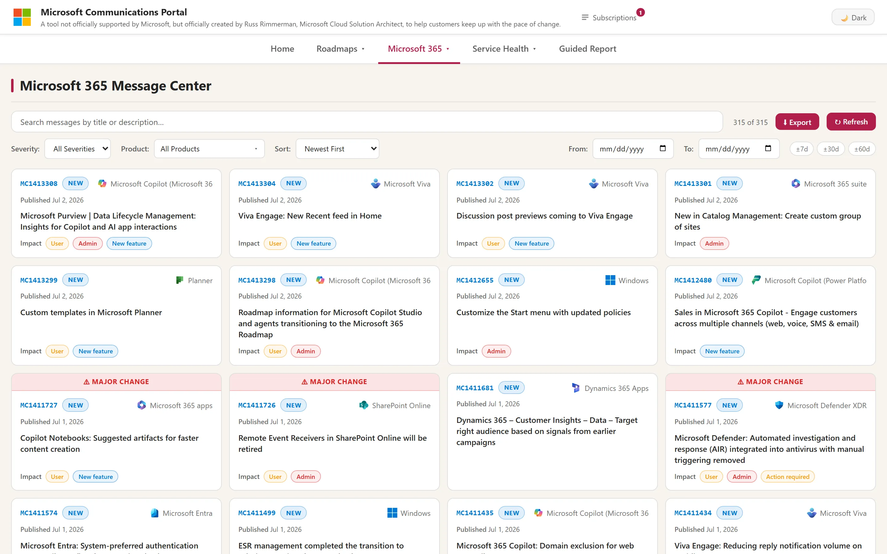 Microsoft 365 Message Center announcements in the Microsoft Communications Portal