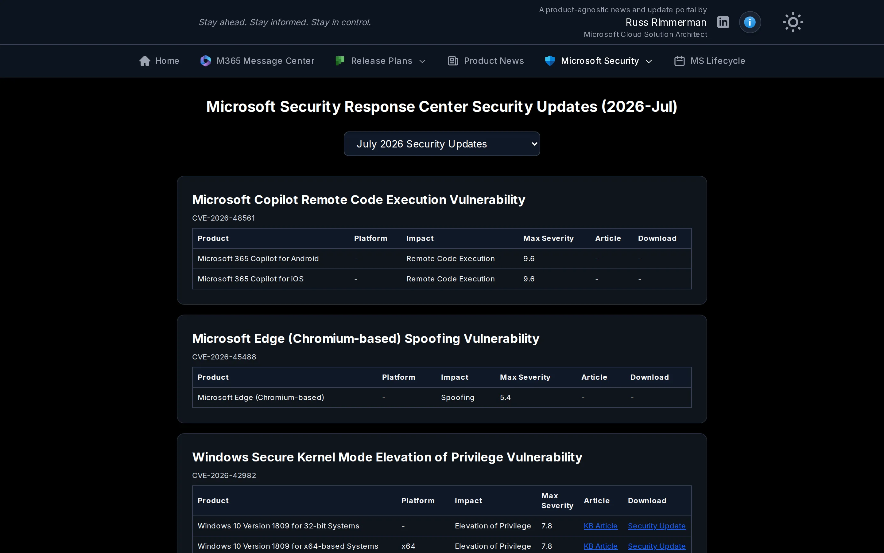 Pulse 360 Microsoft Security Response Center updates page showing per-CVE cards with product, impact, and CVSS severity for July 2026