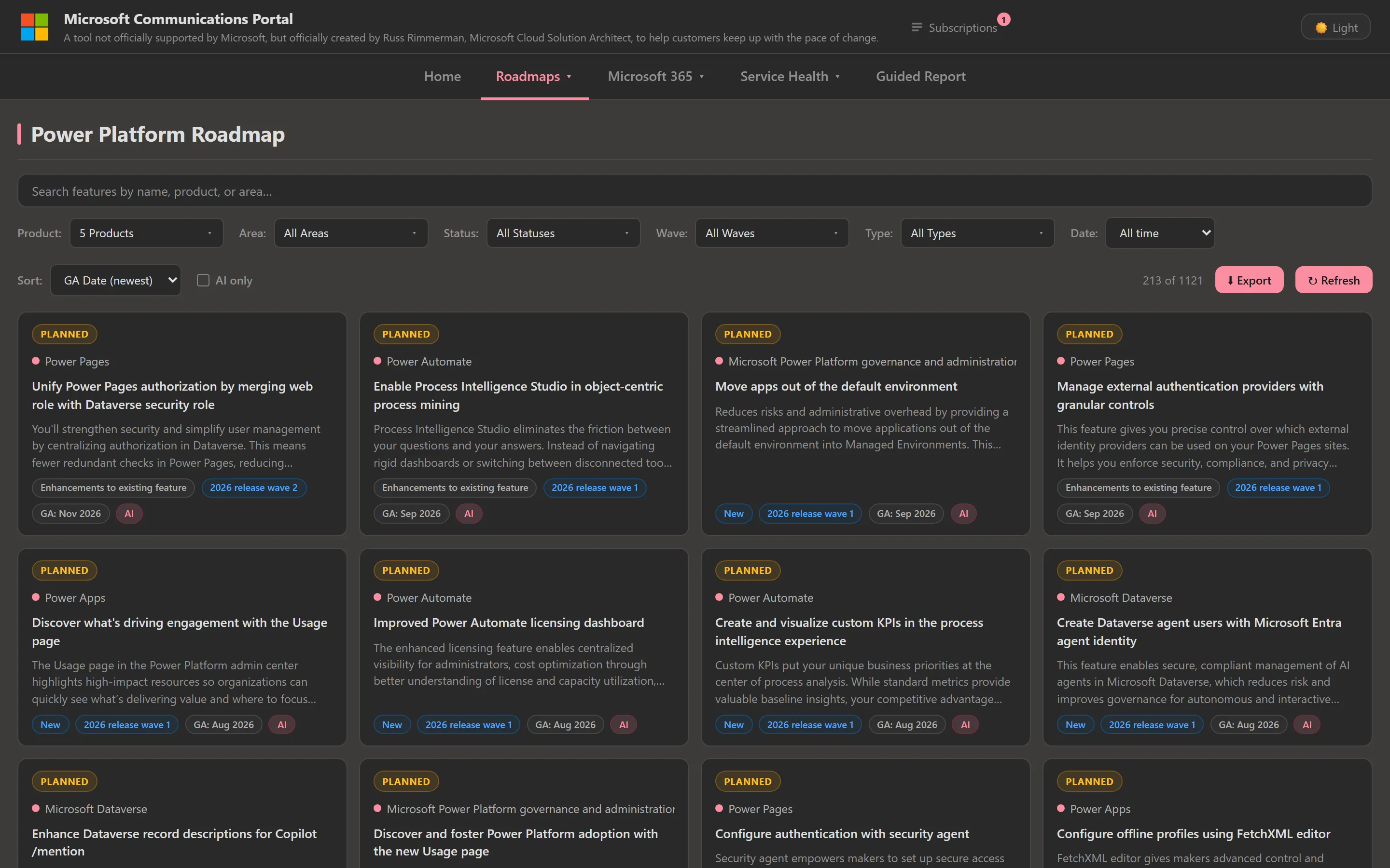 Power Platform release planner in dark mode showing an Azure Roadmap-style card grid with status, release type, and quarter badges, filterable by status, product, release type, and time range