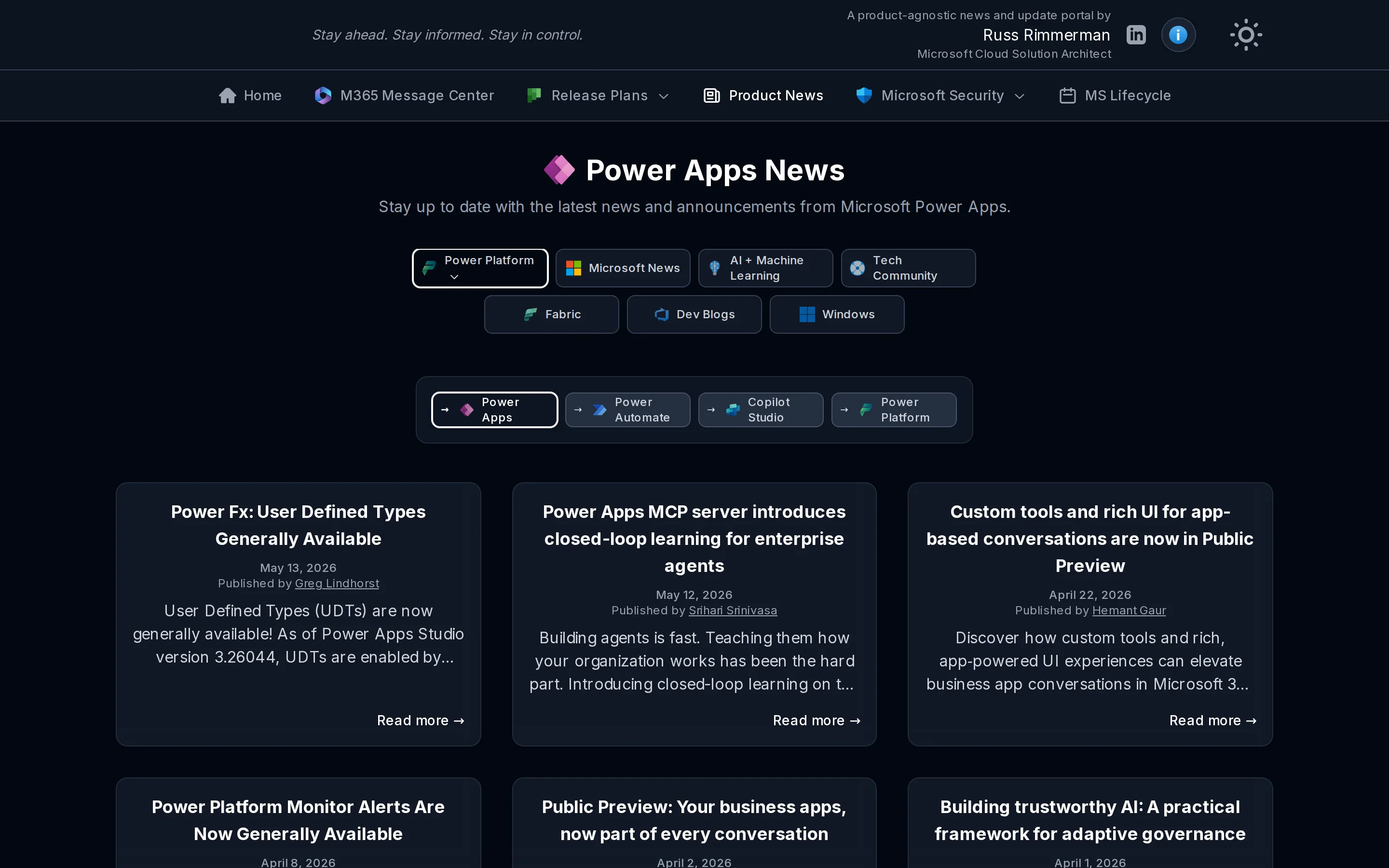 Pulse 360 Product News page showing aggregated Power Apps news cards with titles, authors, dates, and read-more links