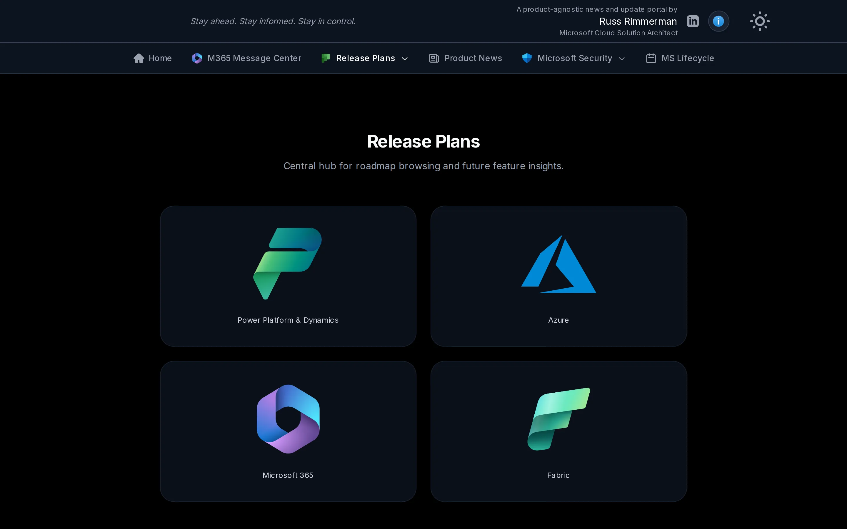Pulse 360 Release Plans hub with cards for Power Platform & Dynamics, Azure, Microsoft 365, and Fabric