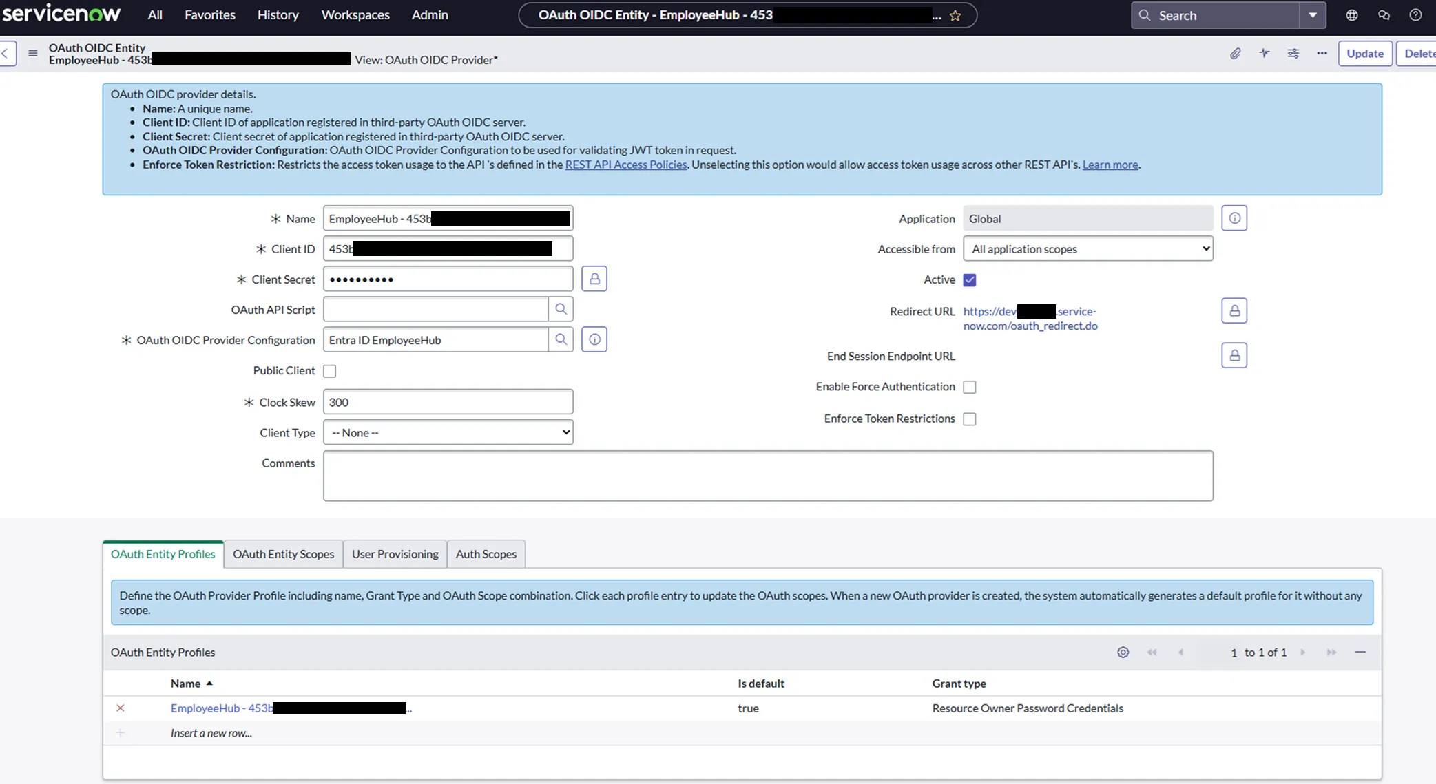 ServiceNow OAuth OIDC entity record showing the Client ID, Client Secret, and a link to the OIDC Provider Configuration