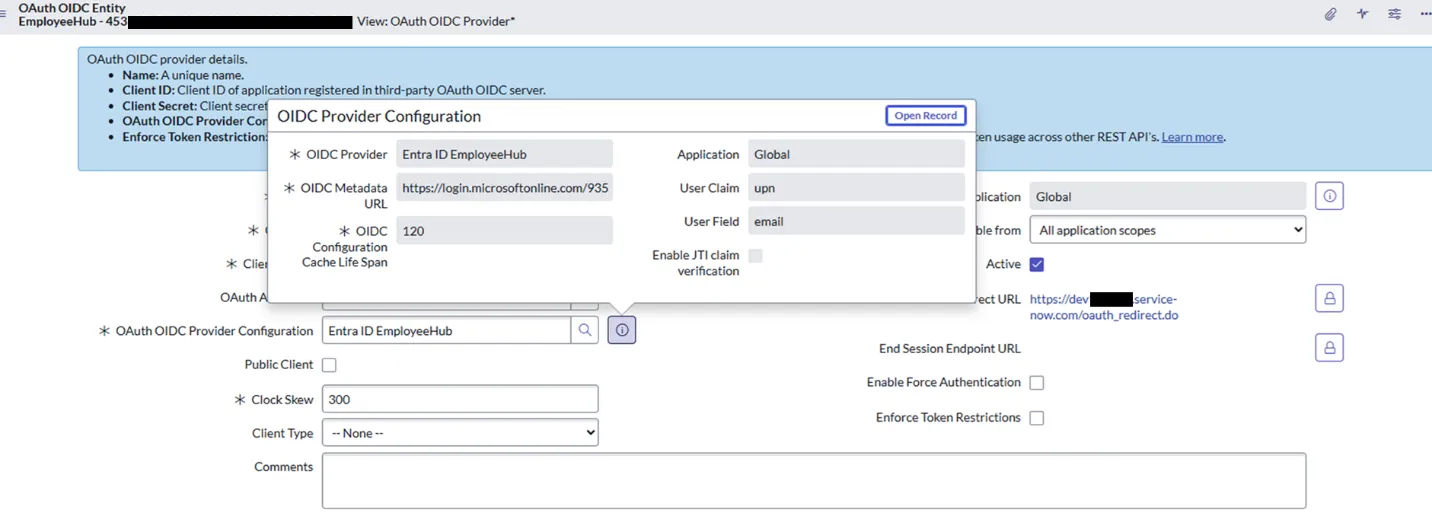 ServiceNow OIDC Provider Configuration form with User Claim set to upn, User Field set to email, and Cache Life Span set to 120