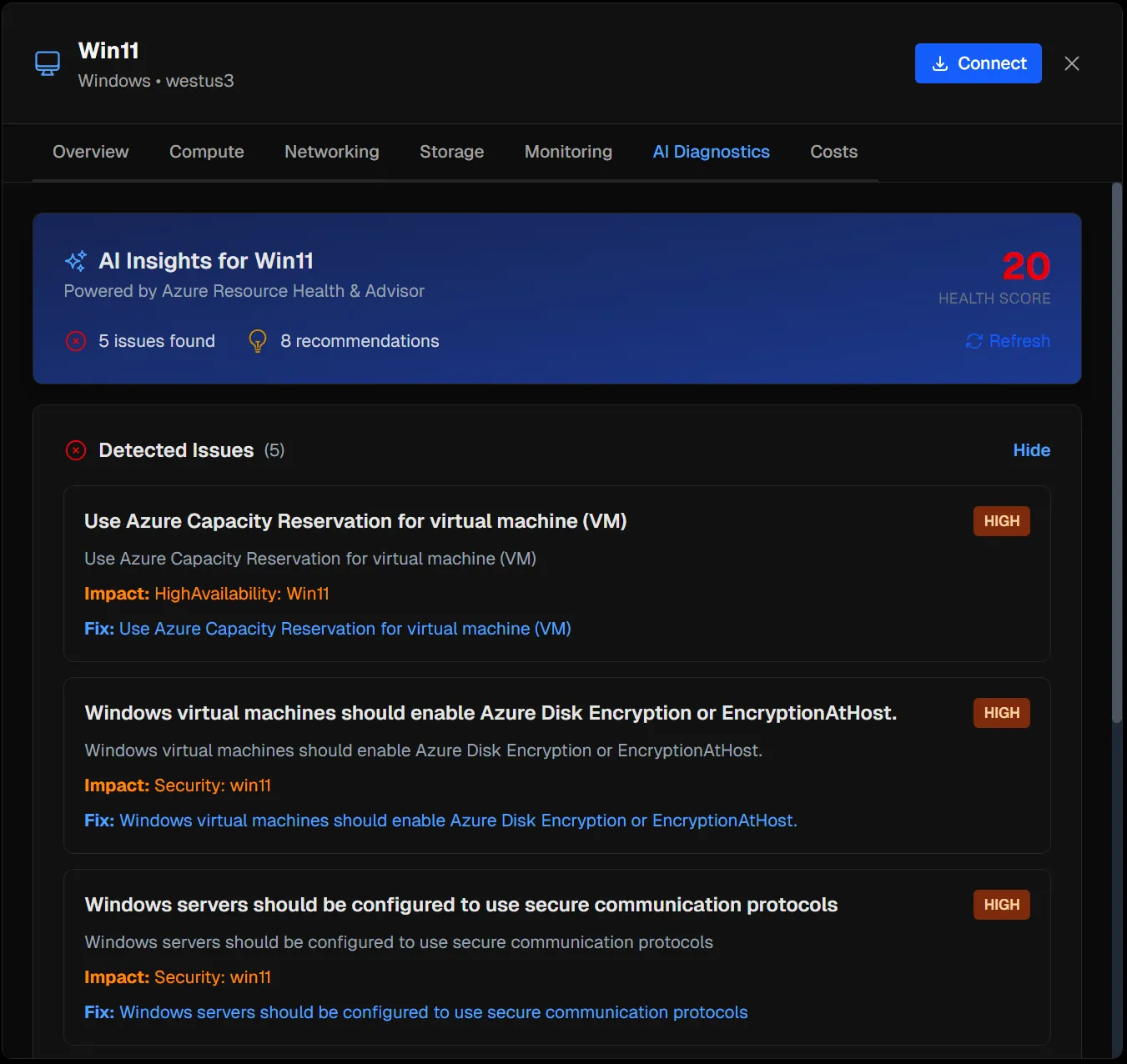 Portal 360 virtual machine AI diagnostics tab showing a health score, detected issues with severity, impact, and recommended fixes