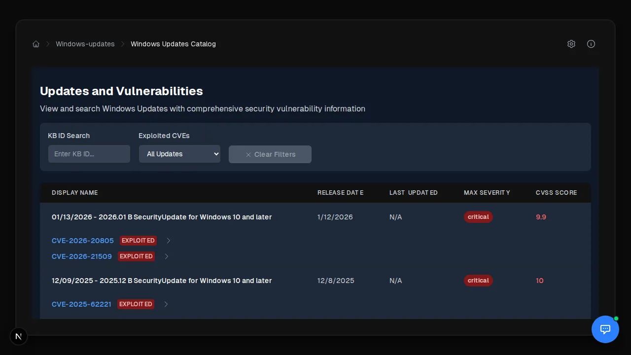 Portal 360 Windows updates catalog listing quality updates with release date, max severity, CVSS score, and linked CVEs flagged as exploited
